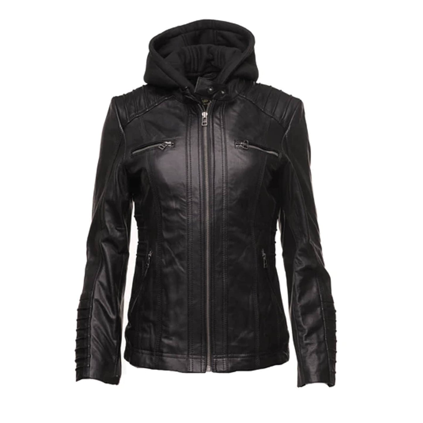 Women Leather Jacket with Detachable Hood