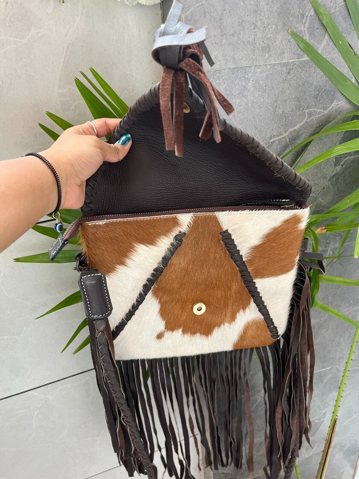 Hair On Cowhide Crossbody Bag With Fringe