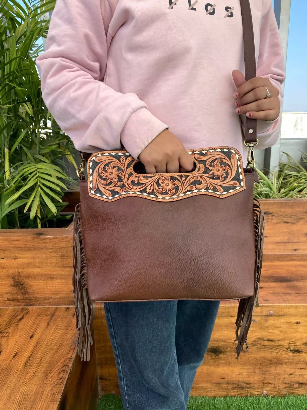 boho tooled hand carved leather messenger bag