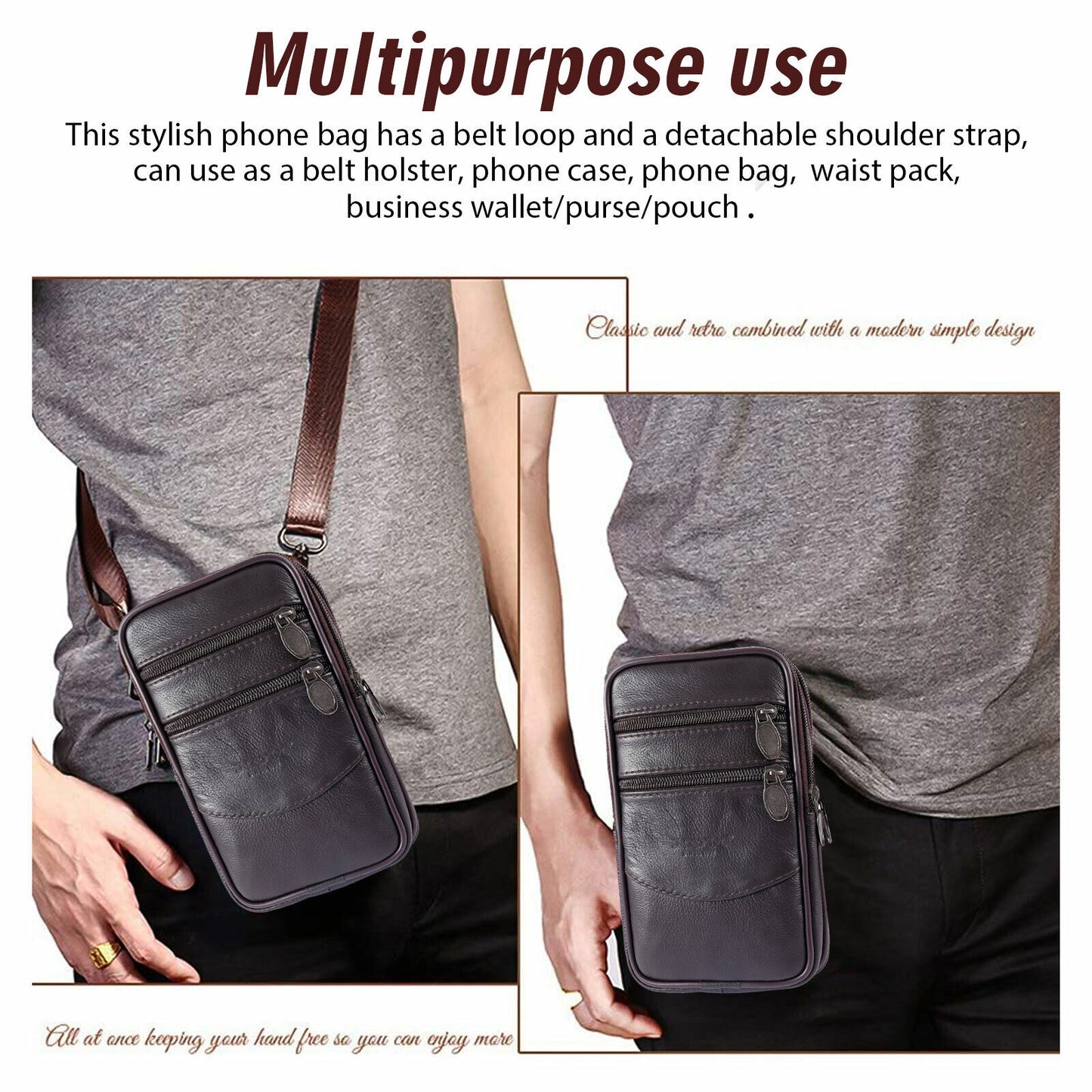Men's Leather Phone Pouch with Belt Loop and Shoulder Strap