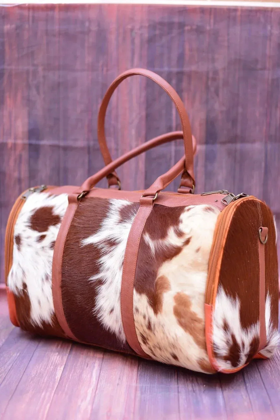 Brown White Cowhide Weekender Travel Bag