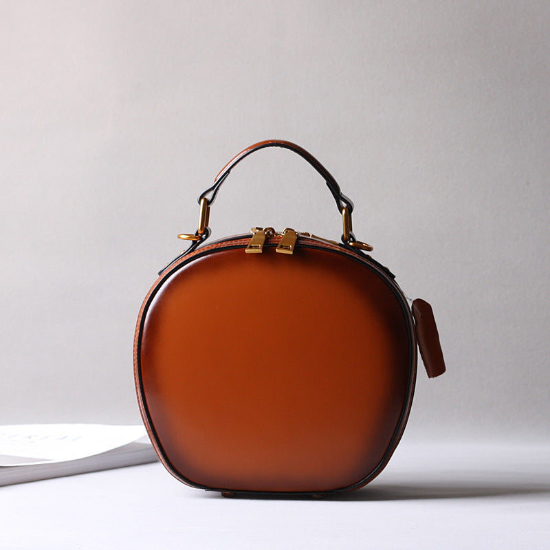 Brown Leather Messenger Bag Round Crossbody Office Purse