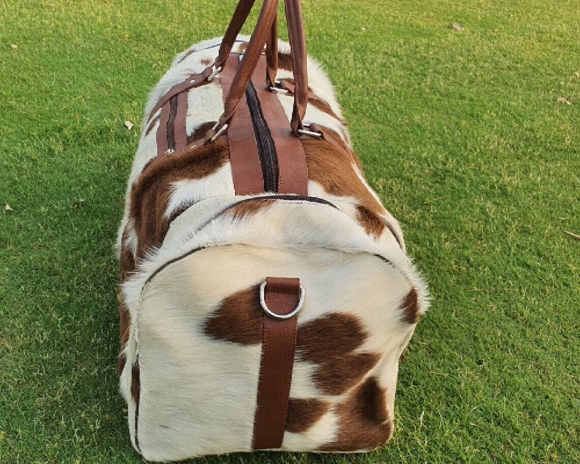Cowhide Duffel Travel Bag Brown White
