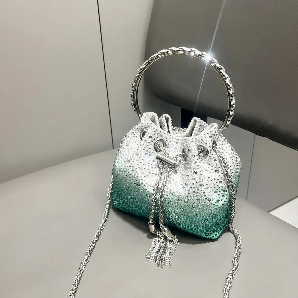 Rhinestone Mini Bucket Bag with Tassel Chain
