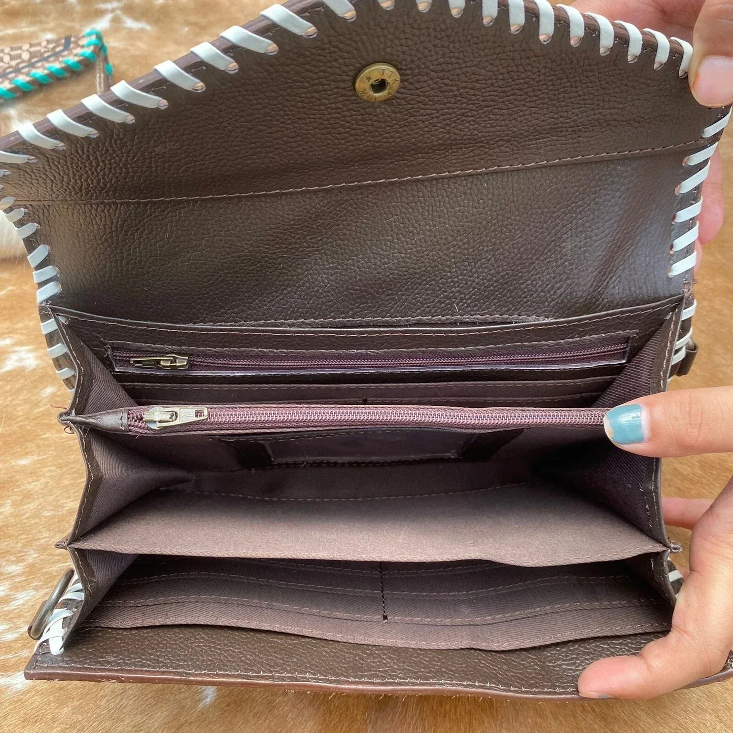 Genuine Cowhide Fur Tooled Leather Crossbody Clutch