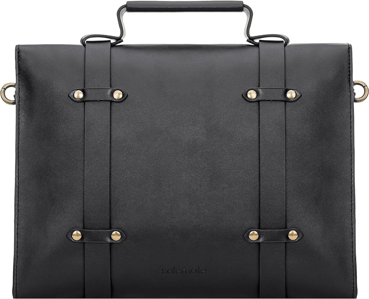 Black Leather Laptop Briefcase with Buckle Straps and Shoulder Handle