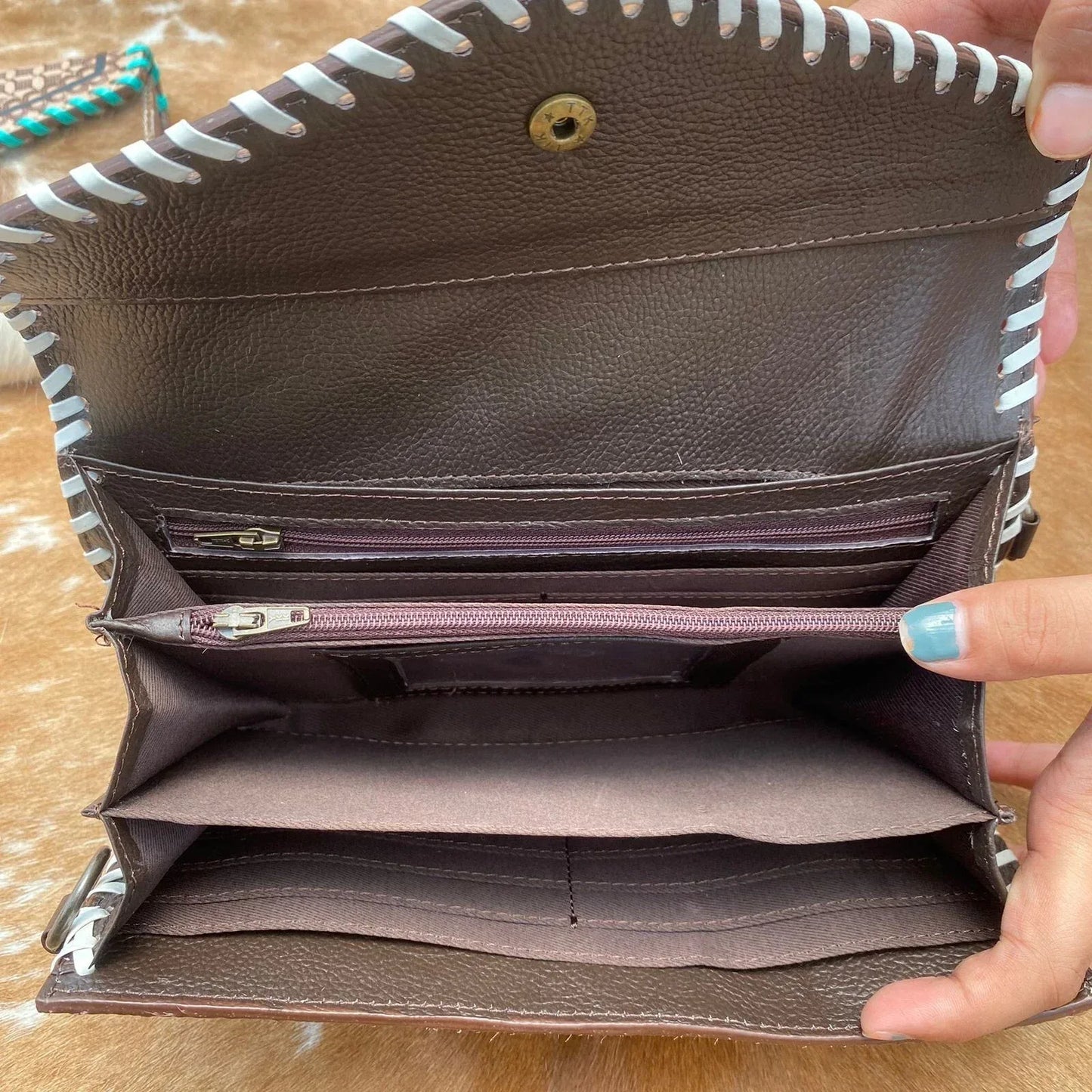 Tooled Leather Clutch Crossbody with Cowhide Fur