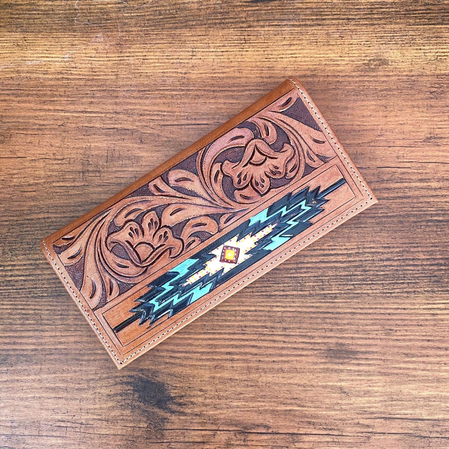 Hand Tooled Leather Wallet Long Cowboy Purse