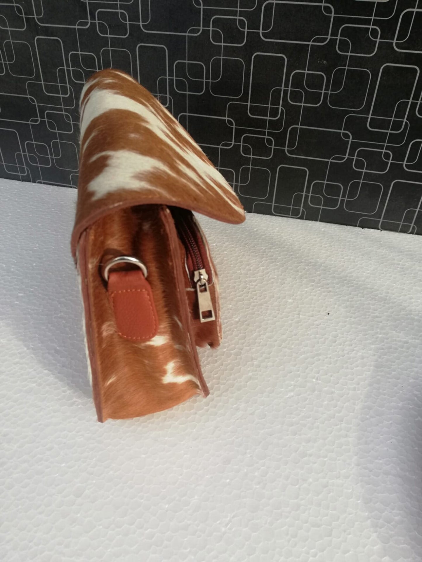 Brown White Cowhide Crossbody Handbag