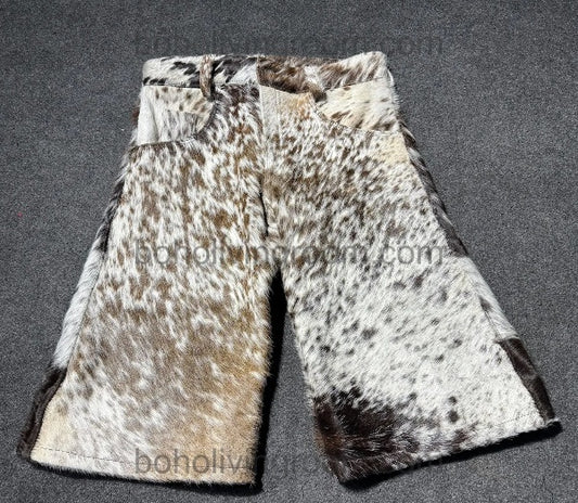 Tricolor cowhide leather shorts crafted for western wear. Each cow print short is unique with real hair-on-hide—perfect for cowboys, ranch life, and rodeo scenes.
