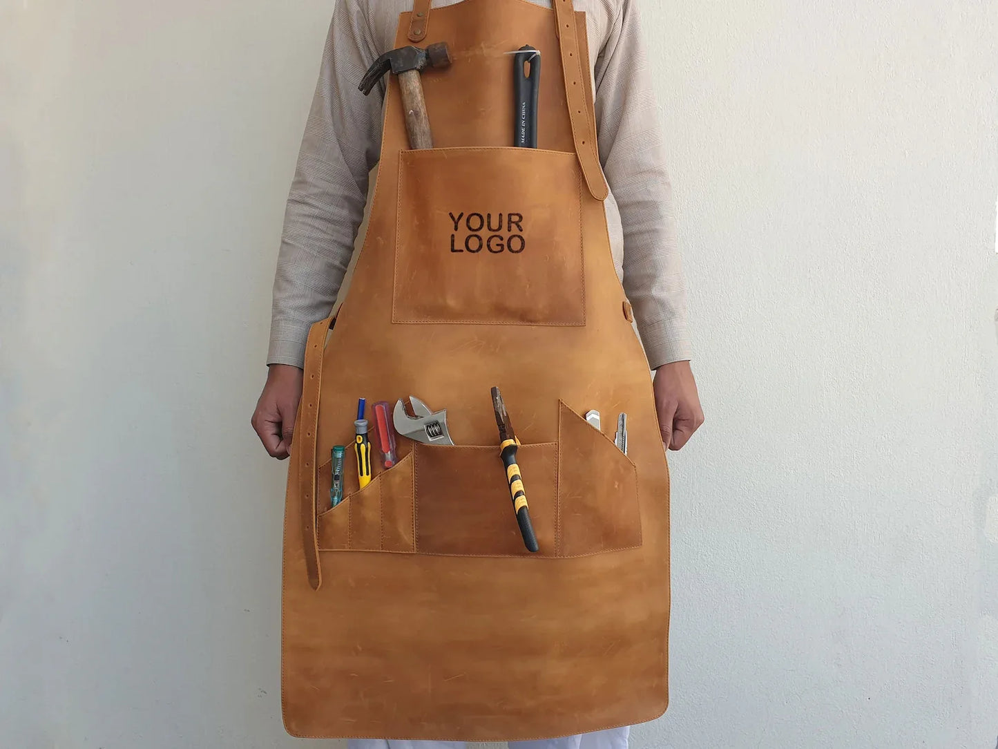 Custom handmade leather woodworking apron with pockets