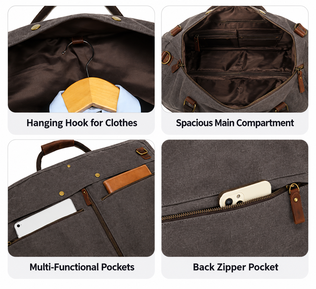 Garment Duffle Bag in Gray Canvas with Hanging Suit Carrier