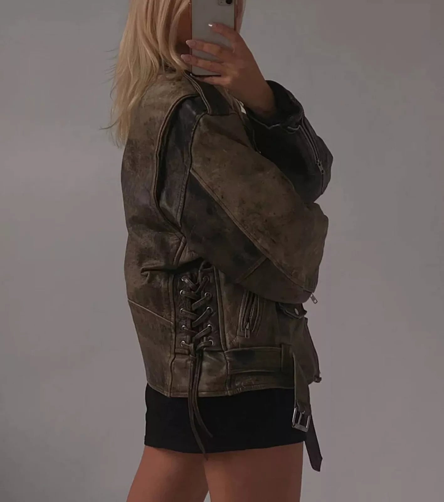 Oversized Women Leather Jacket Distressed