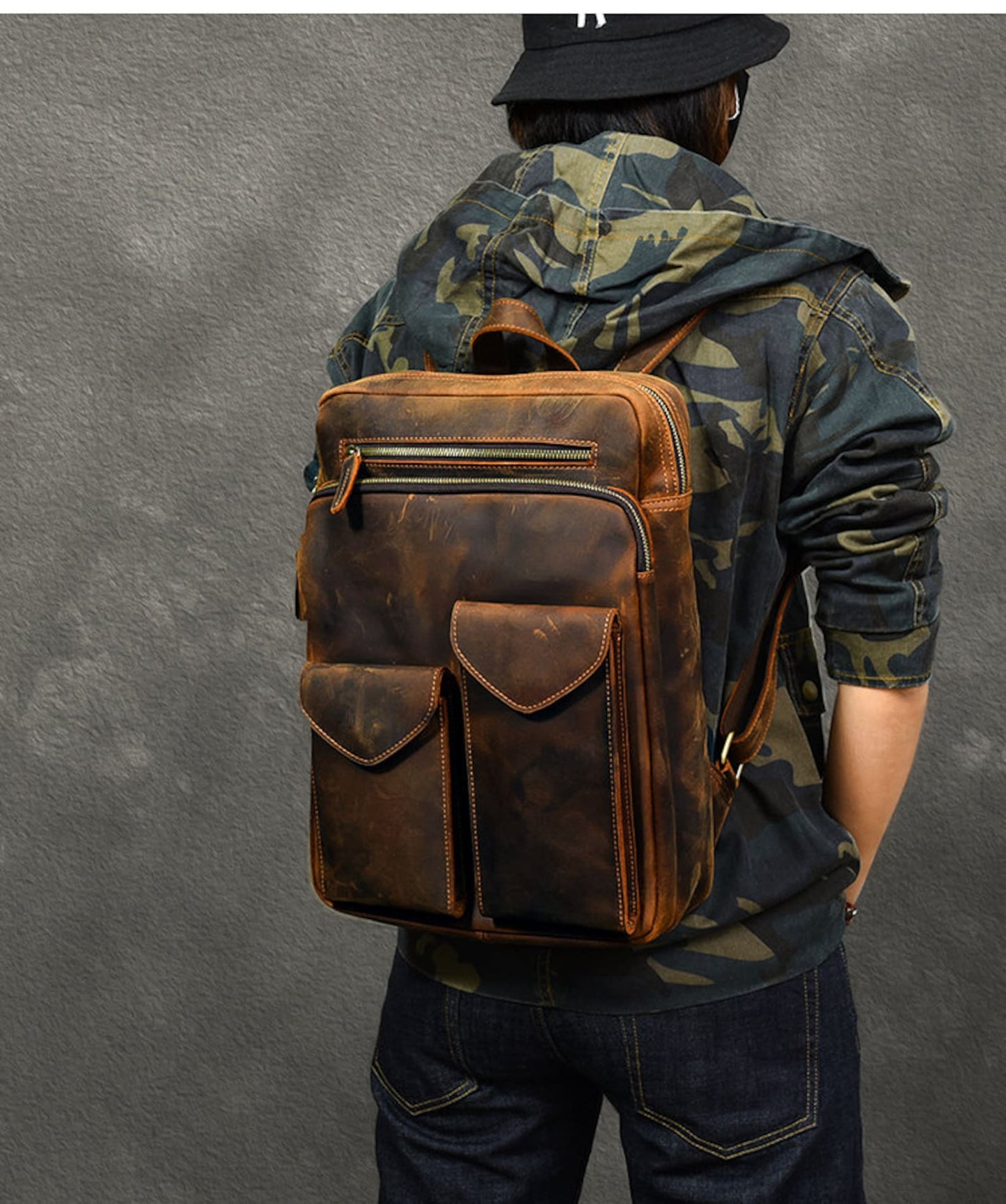 dark brown leather backpack