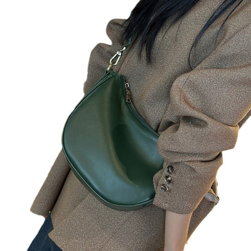Leather Shoulder Bag Half-Moon Purse with Wide Strap