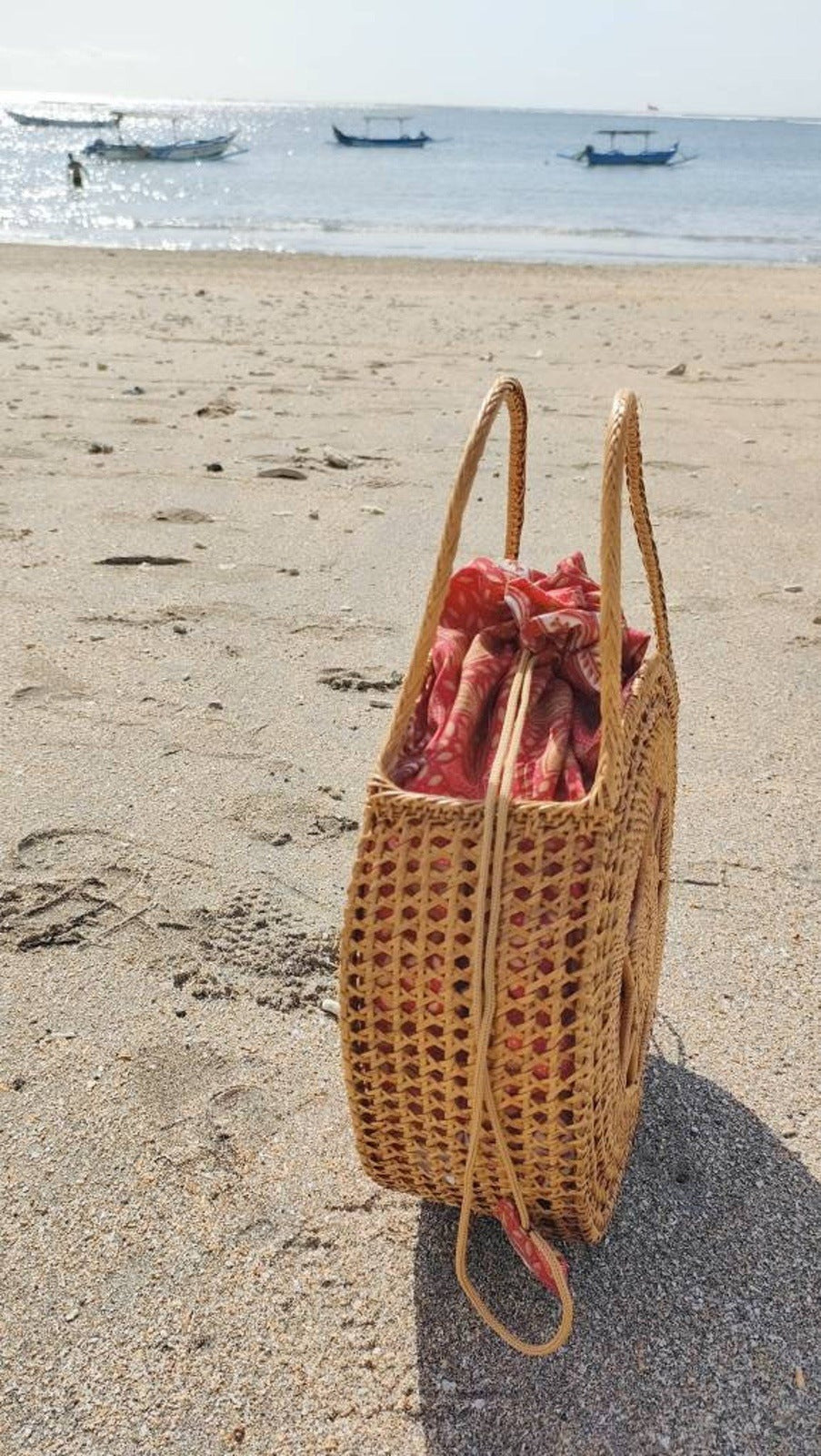 Handwoven Bali Rattan Bag with Batik Lining Round Ata Beach Tote