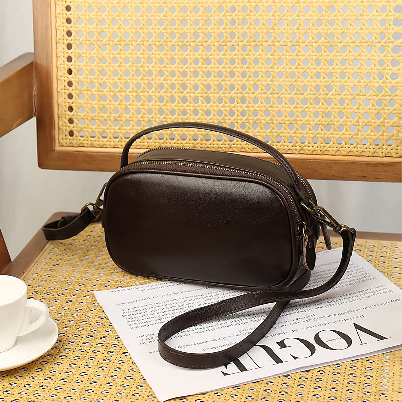 Women Leather Crossbody Bag With Double Zipper Compartments