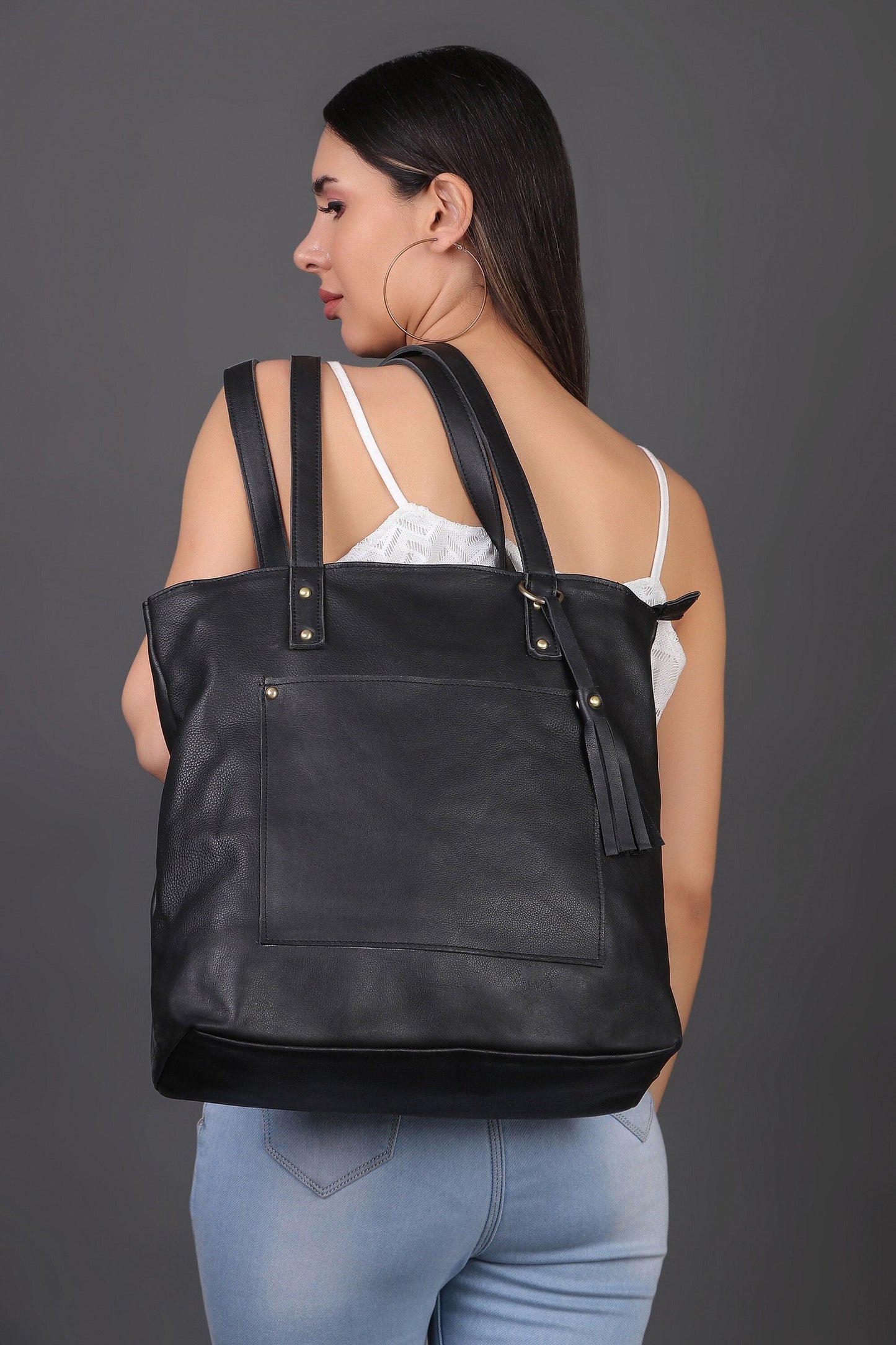 ladies black leather tote bags