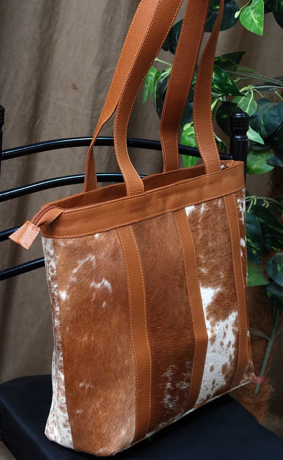 Large Cowhide Leather Brown White Bag