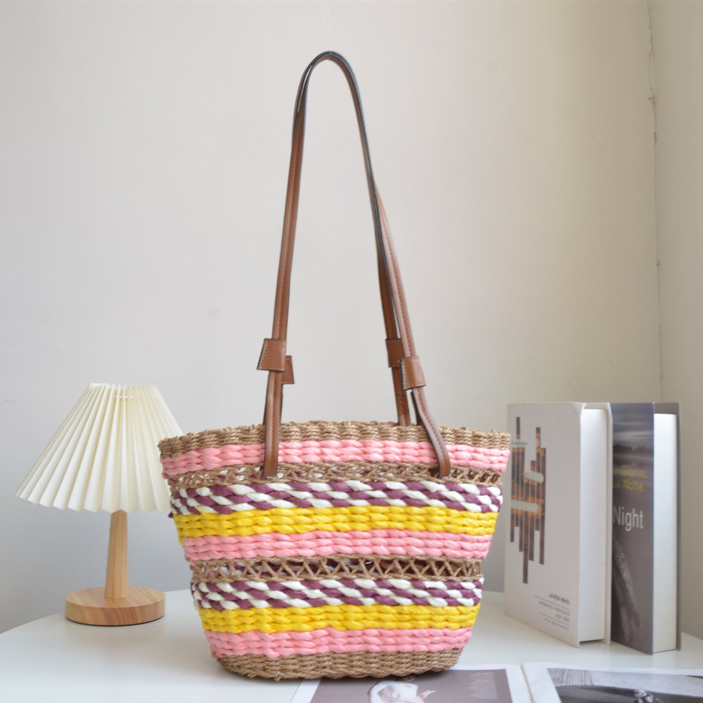three color trending women straw beach bag