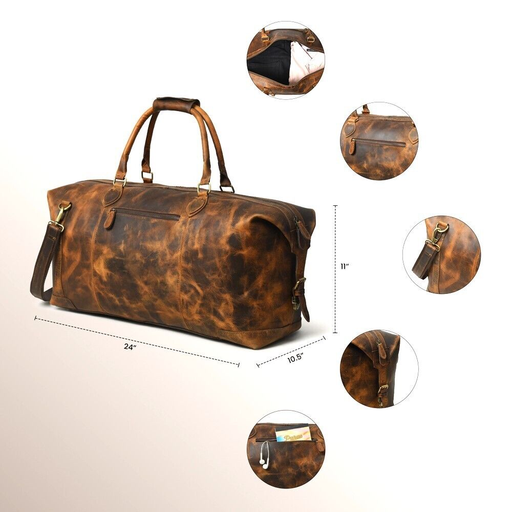 Large Brown Leather Duffle Bag Carry On Travel Weekender