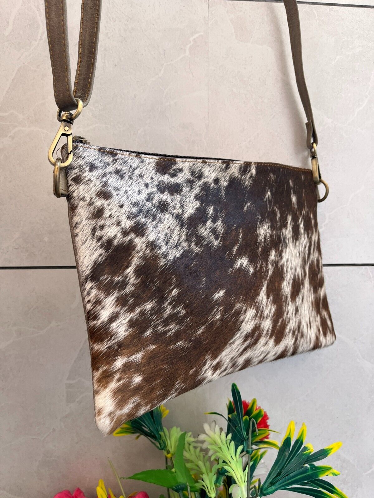 Speckled Brown White Cowhide Crossbody Bag