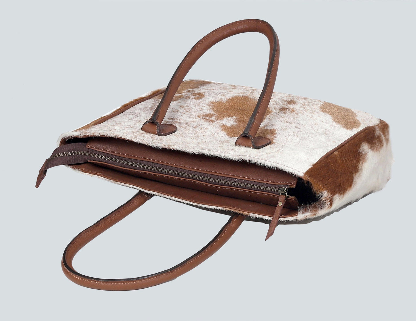 Genuine Cowhide Tote Bag Brown White