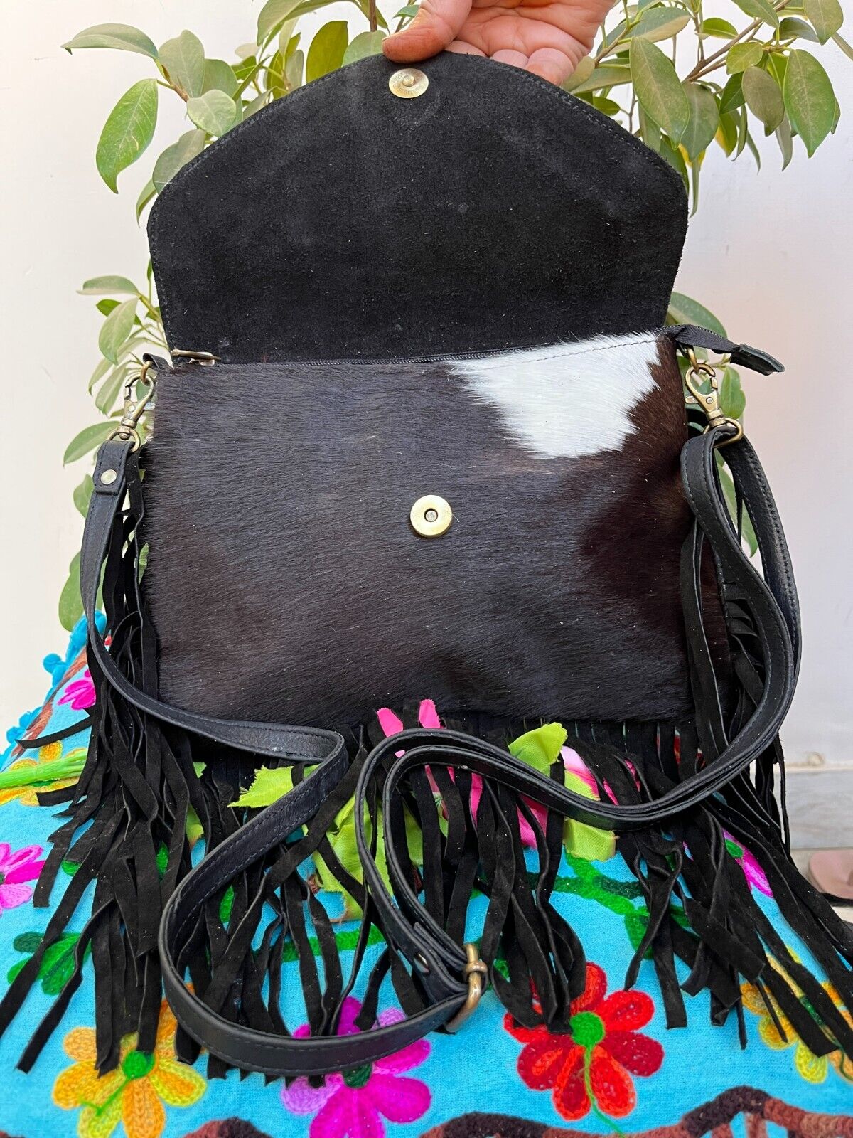 Western Cowhide Crossbody Fringe Purse Black and White