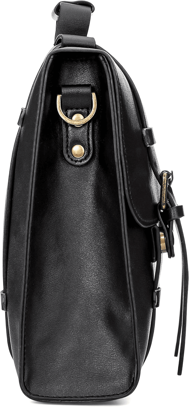 Black Leather Laptop Briefcase with Buckle Straps and Shoulder Handle