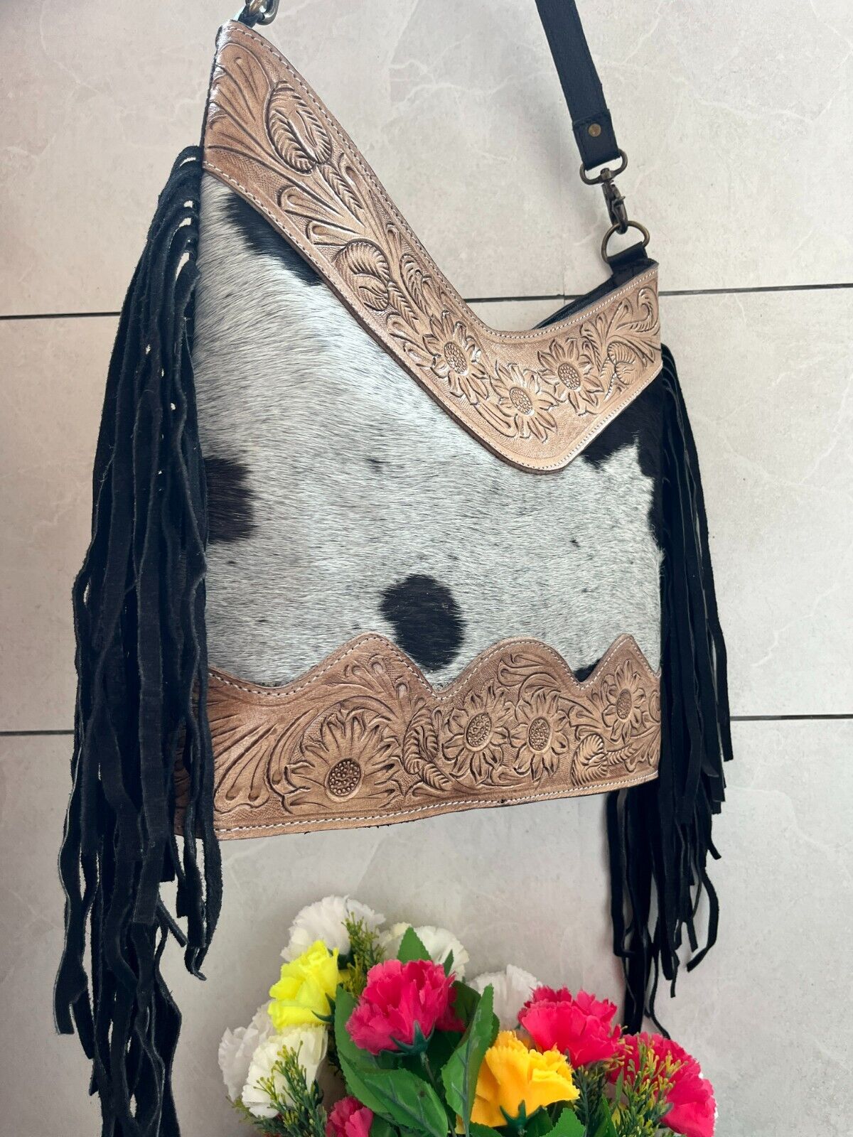 Tooled Cowhide Bag With Fringe