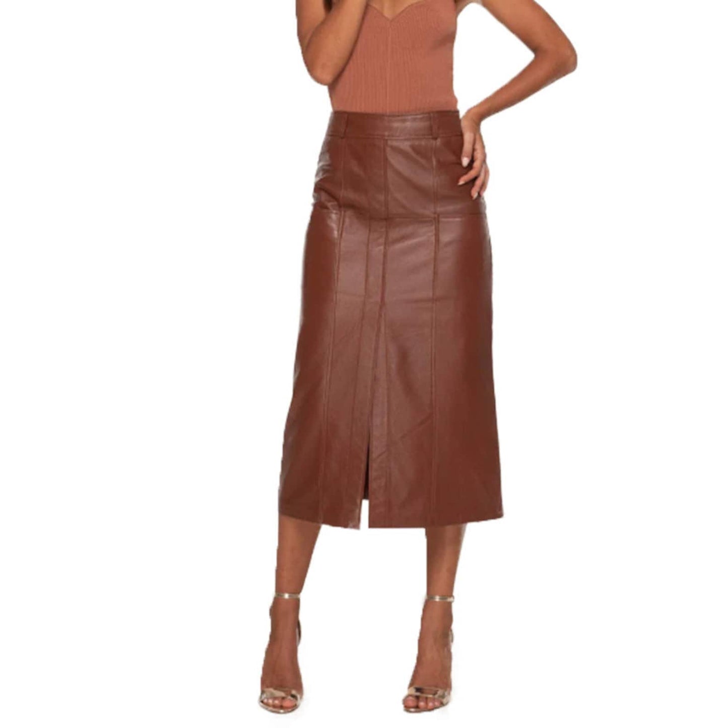 Brown Genuine Leather Midi Skirt for Women with Front Slit