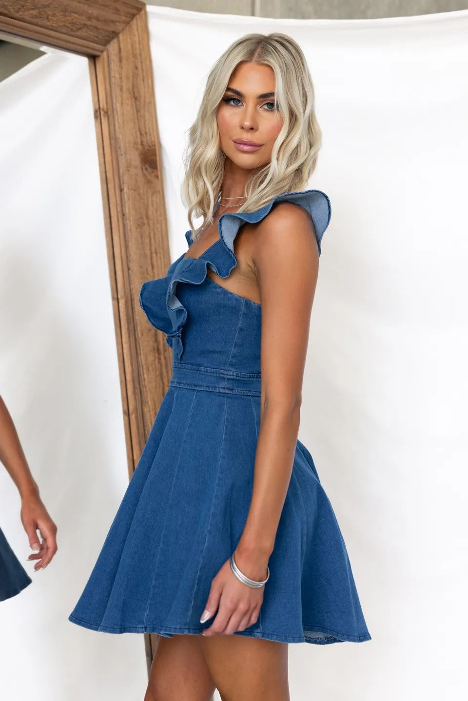 Women Denim Mini Dress Ruffle Sleeveless Blue Jean Dress
