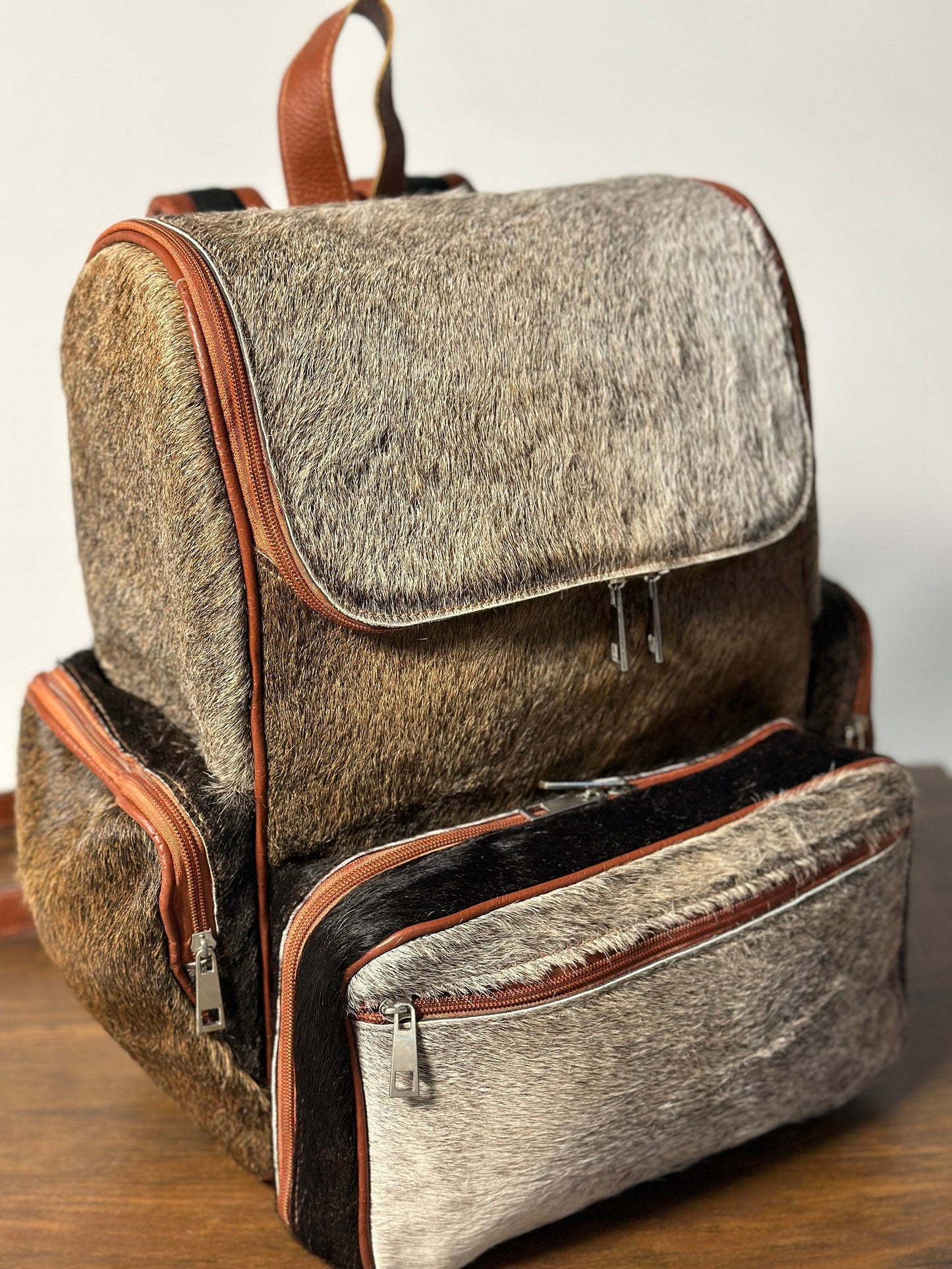 Grey Tan Cowhide Backpack Diaper bag