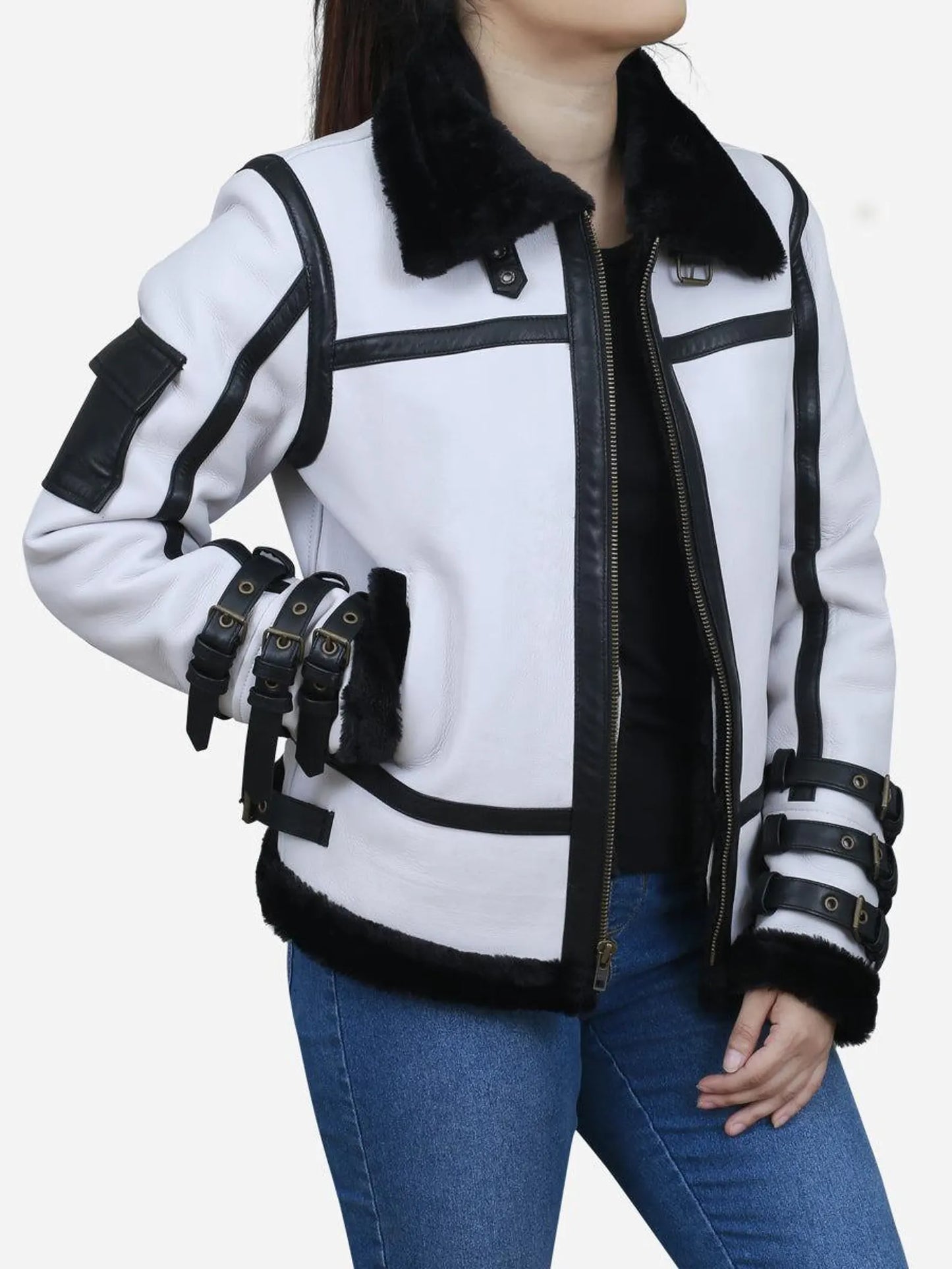 Women Aviator Shearling Leather Jacket Black White