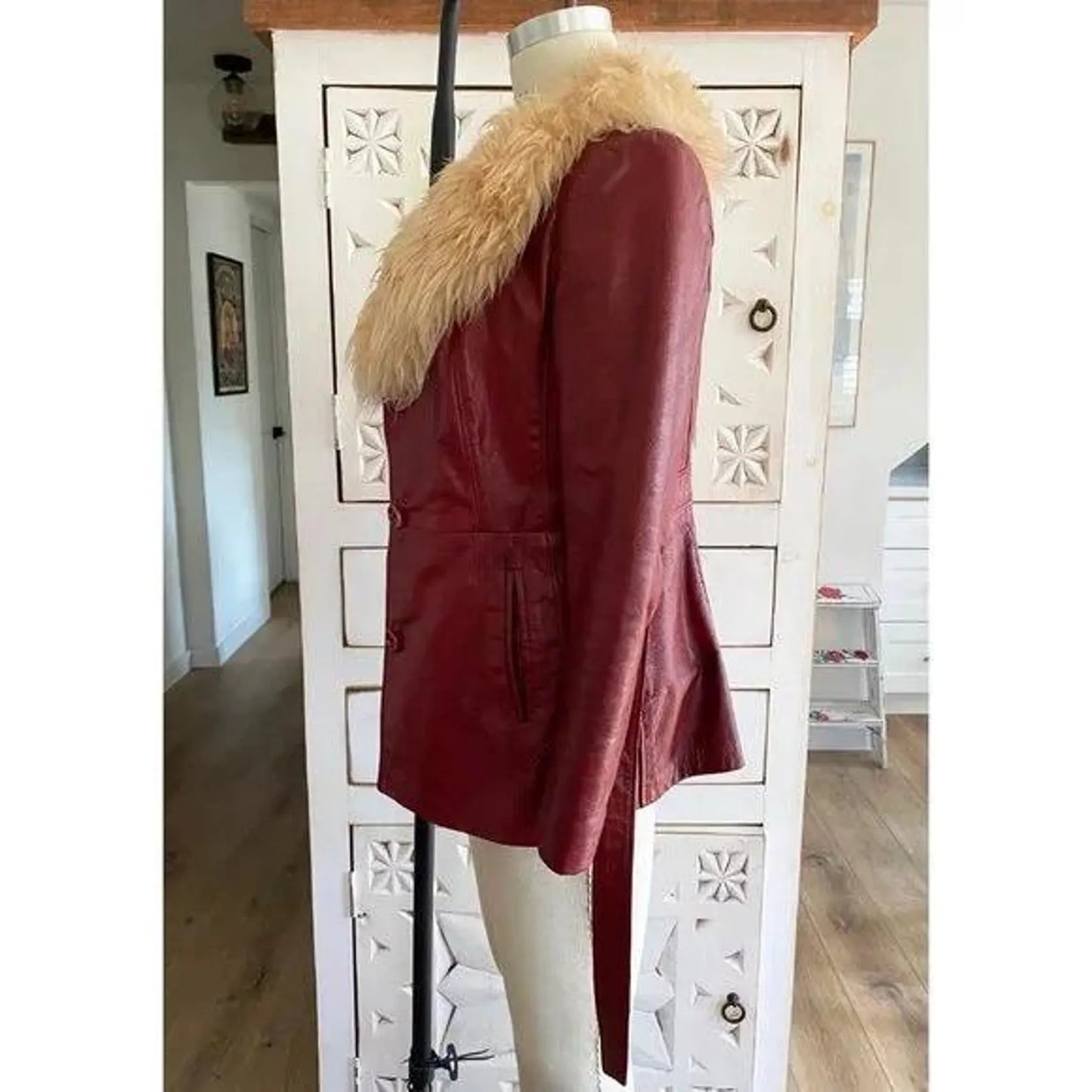 maroon leather jacket for women with fur