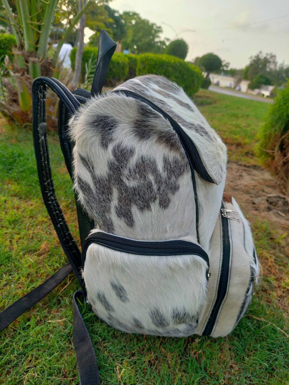 Real Hair On Cowhide Backpack Grey White
