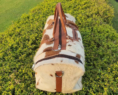 Cowhide Duffel Travel Bag Brown White