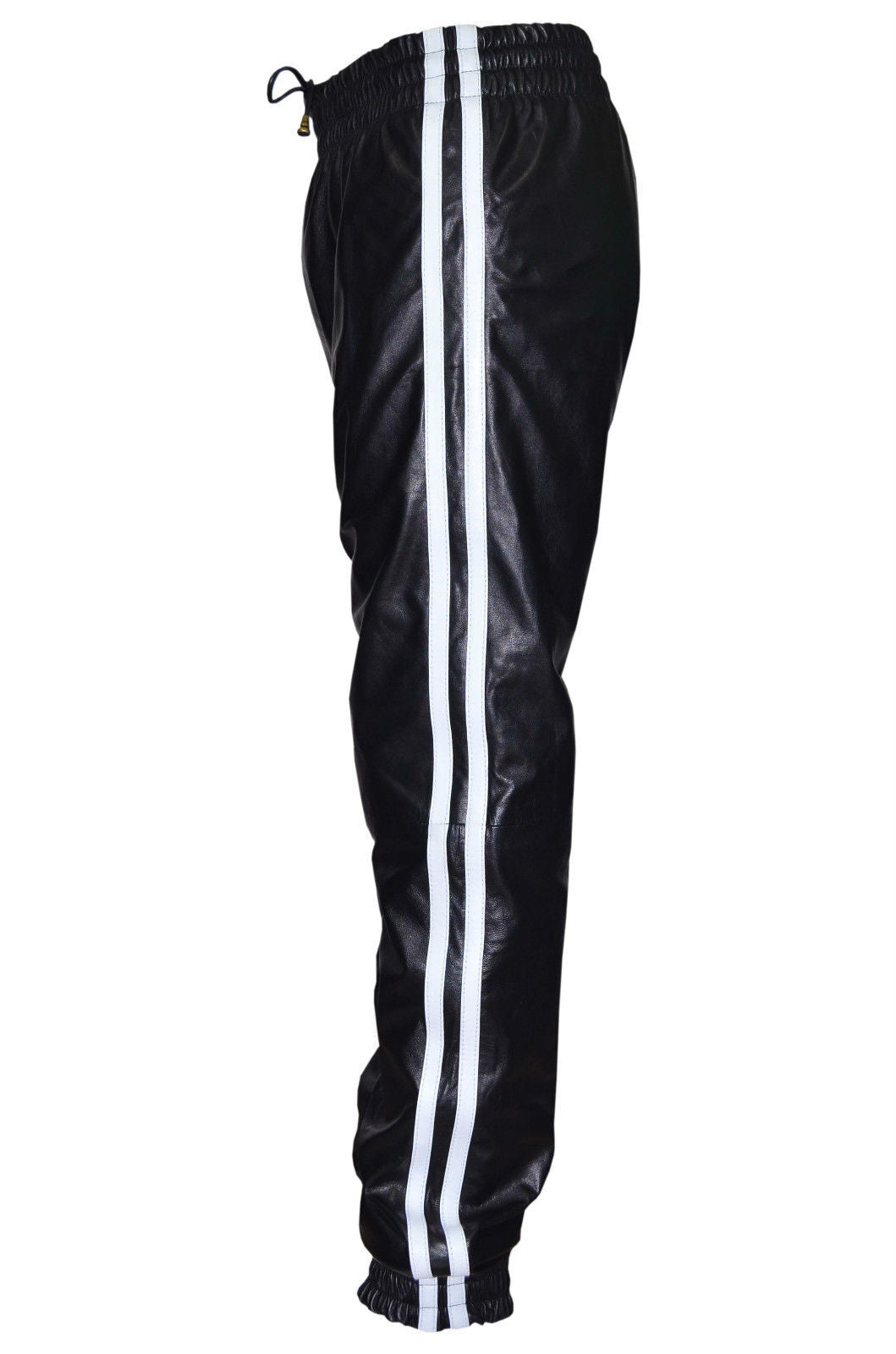 Men’s Leather Jogger Pants with Stripes and Zip Ankle
