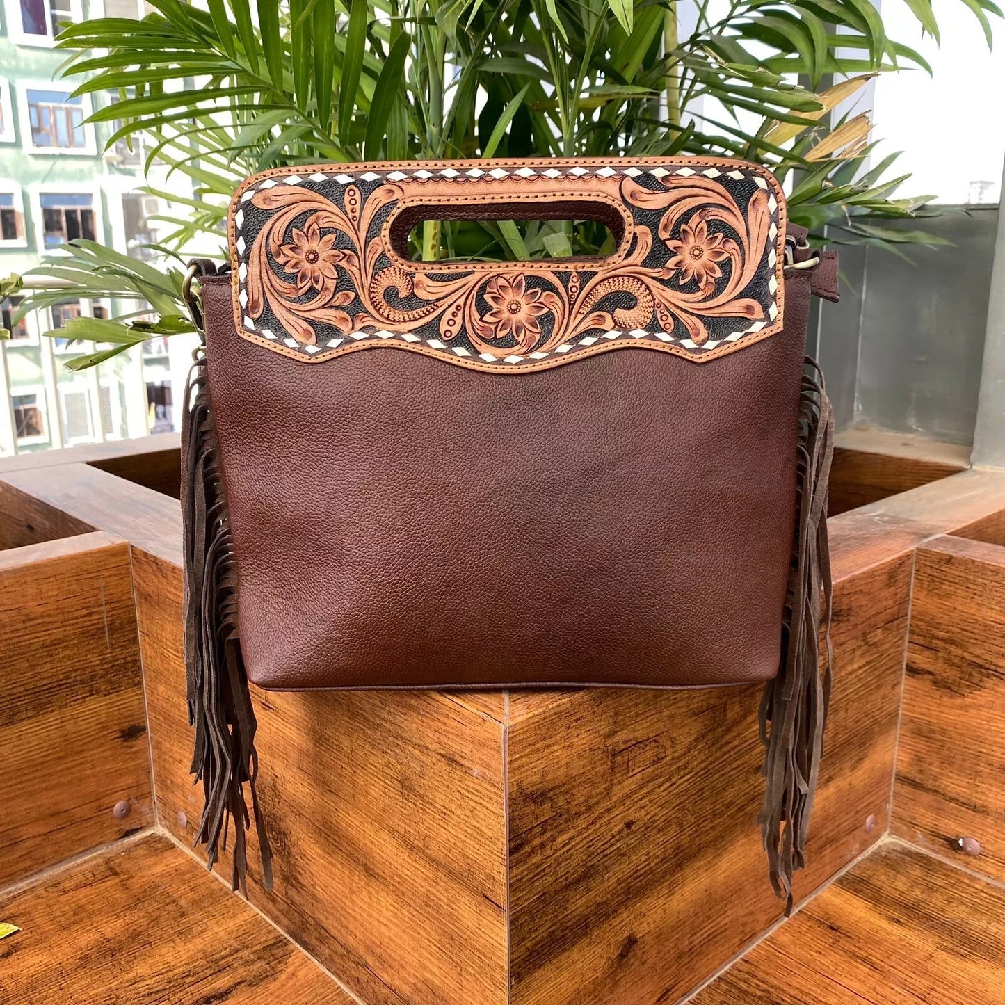 boho tooled hand carved leather messenger bag