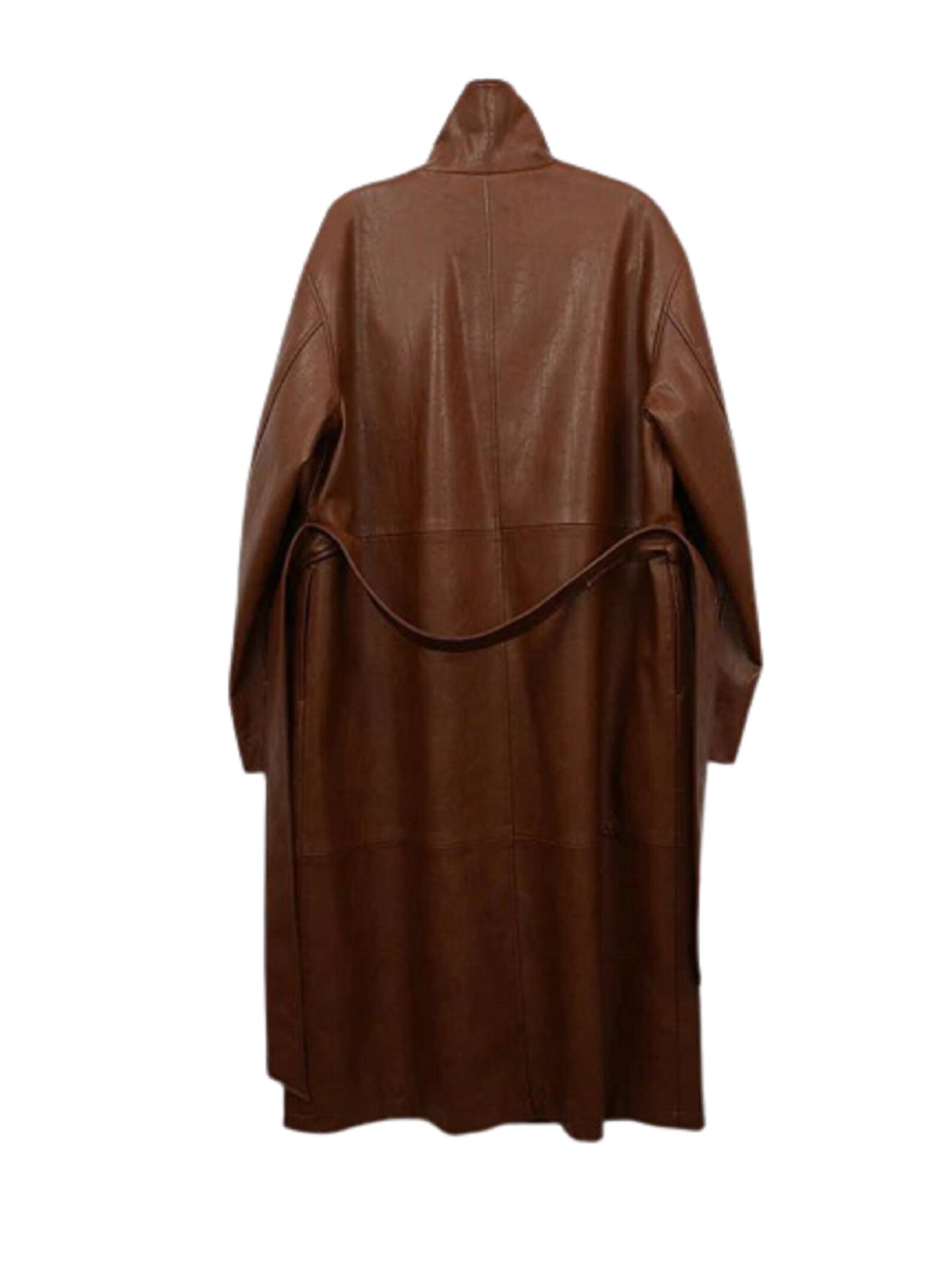 Brown Leather Trench Coat for Women with Belted Waist