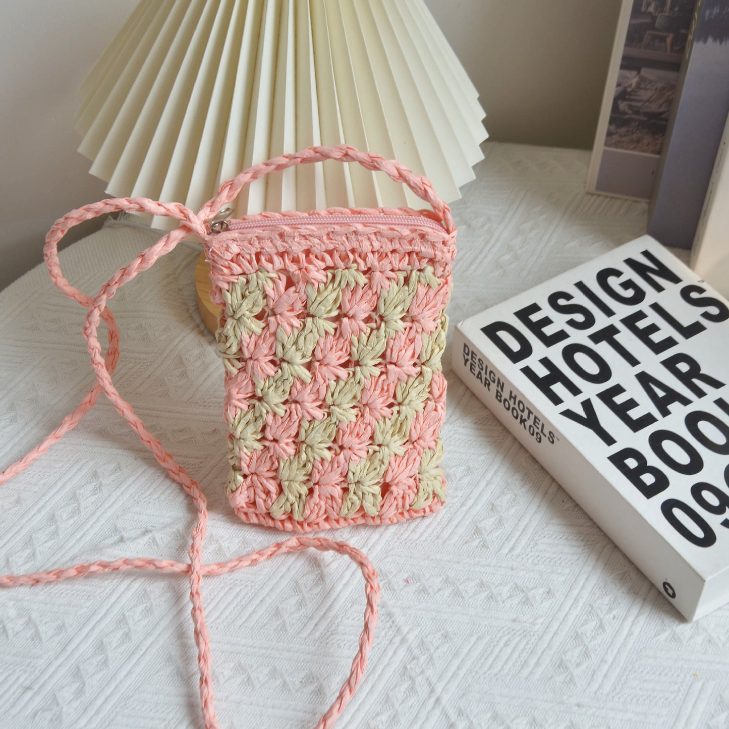 hand woven straw mobile phone bag women