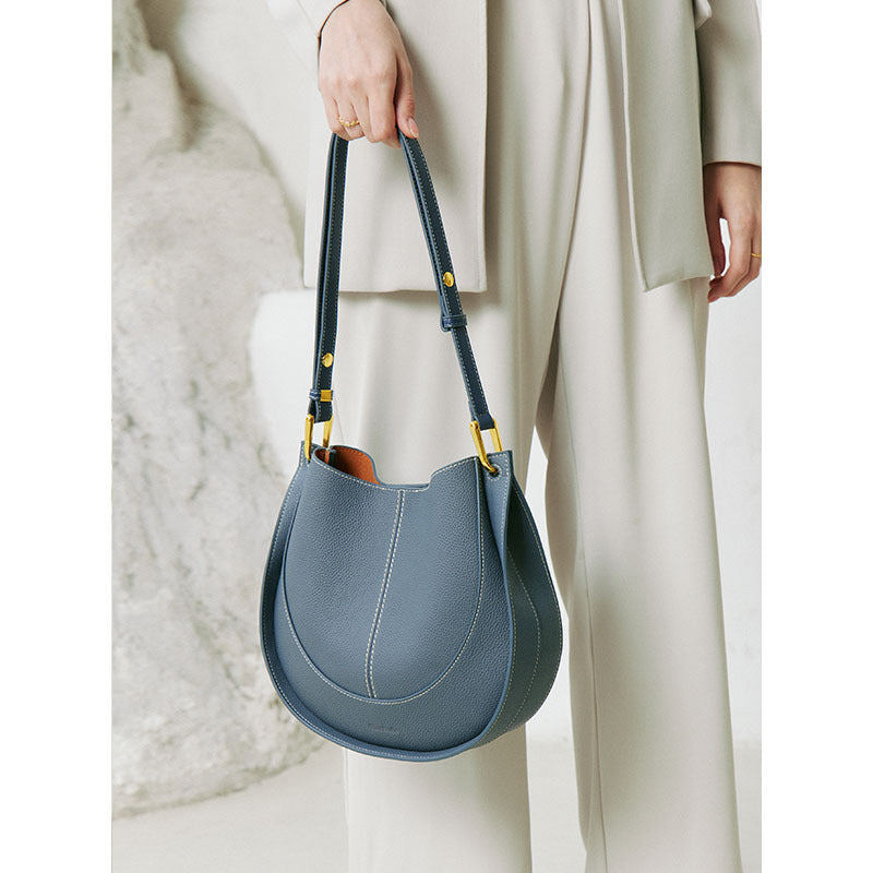 Curved Half Moon Genuine Leather Shoulder Bag