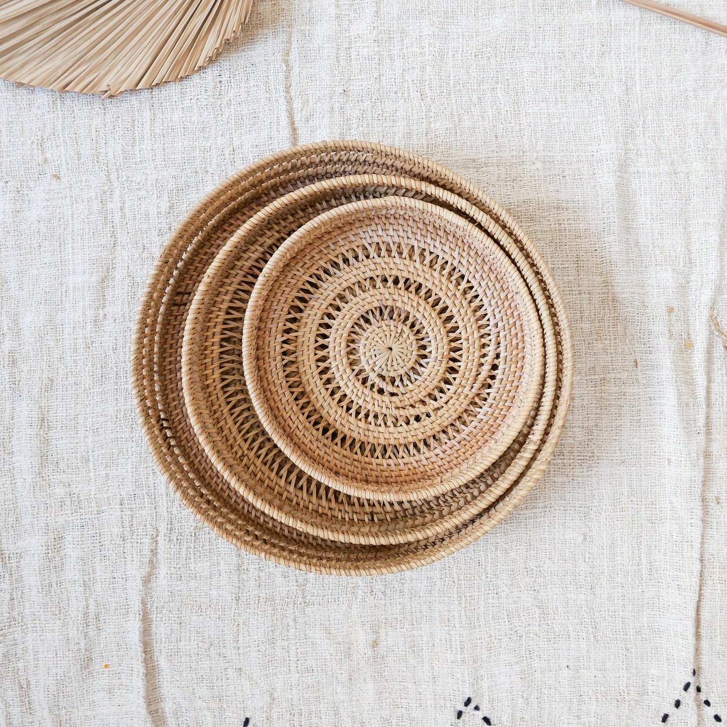 Three Round Rattan Tray Wicker Storage