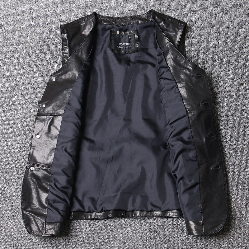 Men Leather Vest Sheepskin Black V-Neck Button Waistcoat