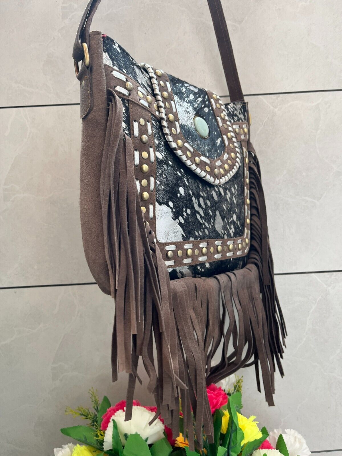 Metallic Cowhide Crossbody Purse With Leather Fringe