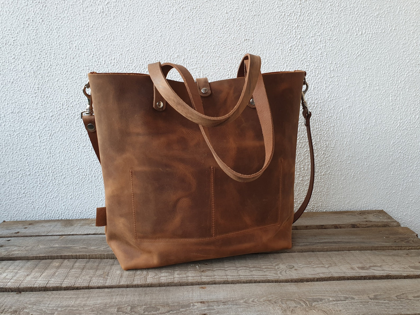 Large brown pull up leather tote bag