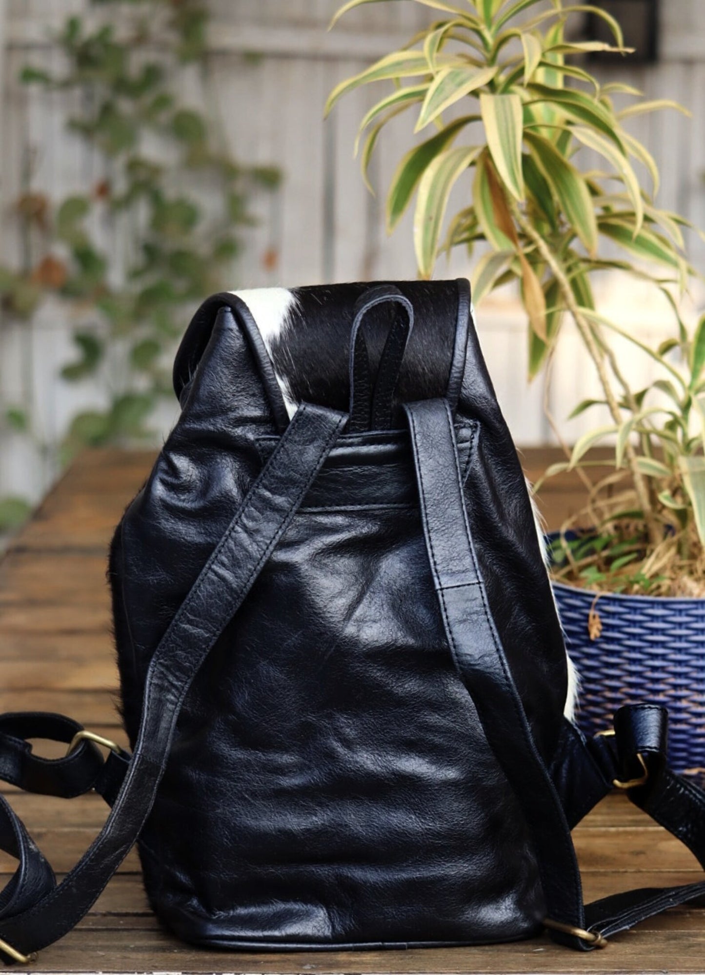 Cowhide Backpack Purse Black White