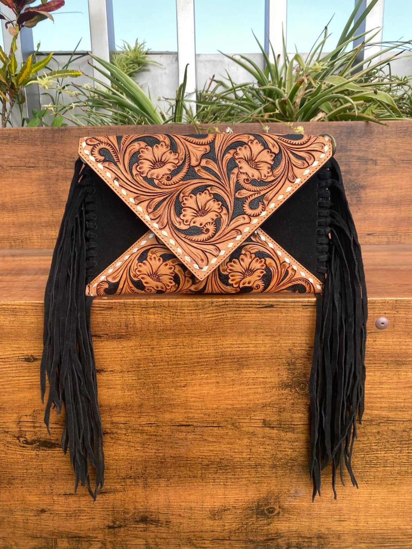 Suede Tooled Leather Crossbody Sling Purse