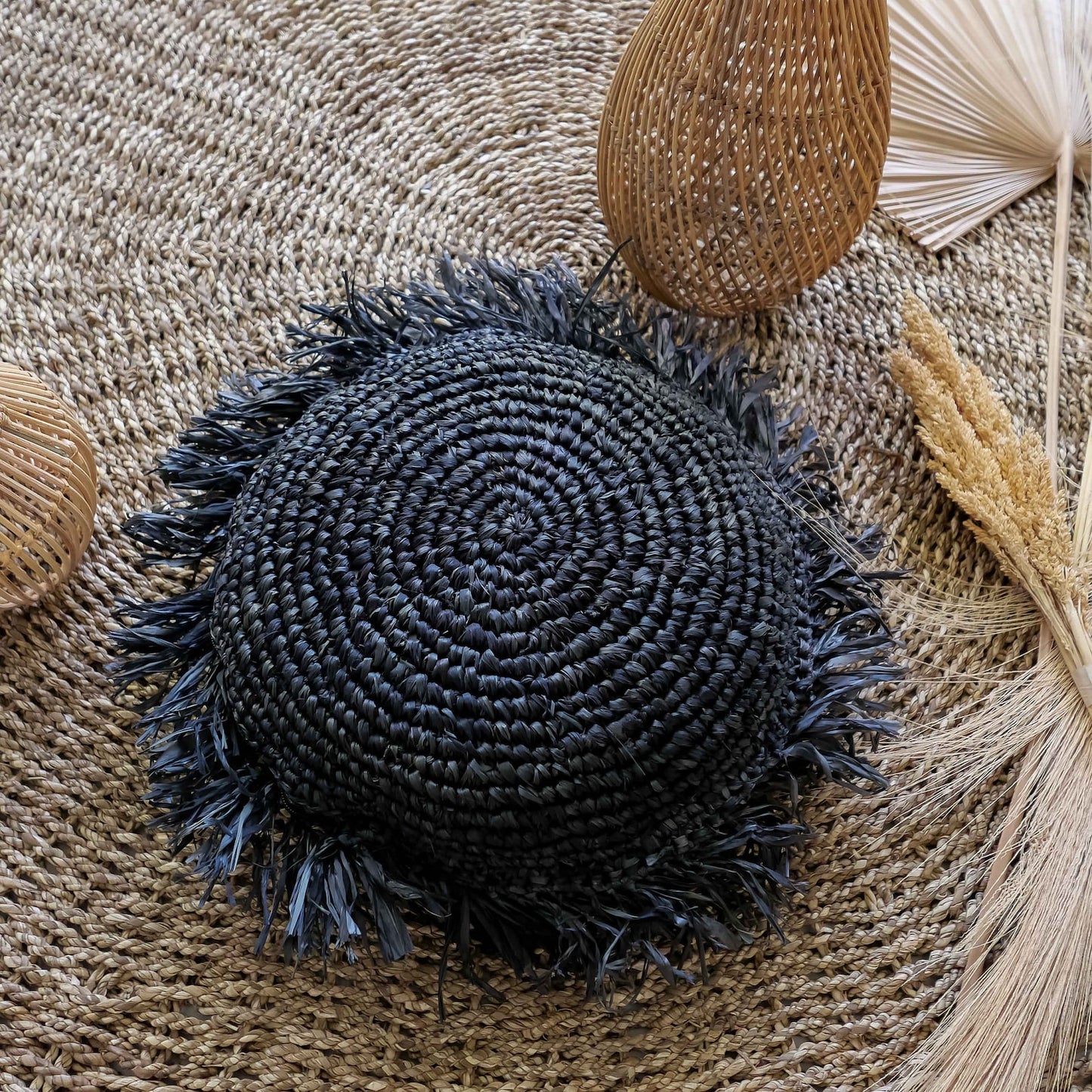 Handmade Seagrass Raffia Jute Black Pillow Case