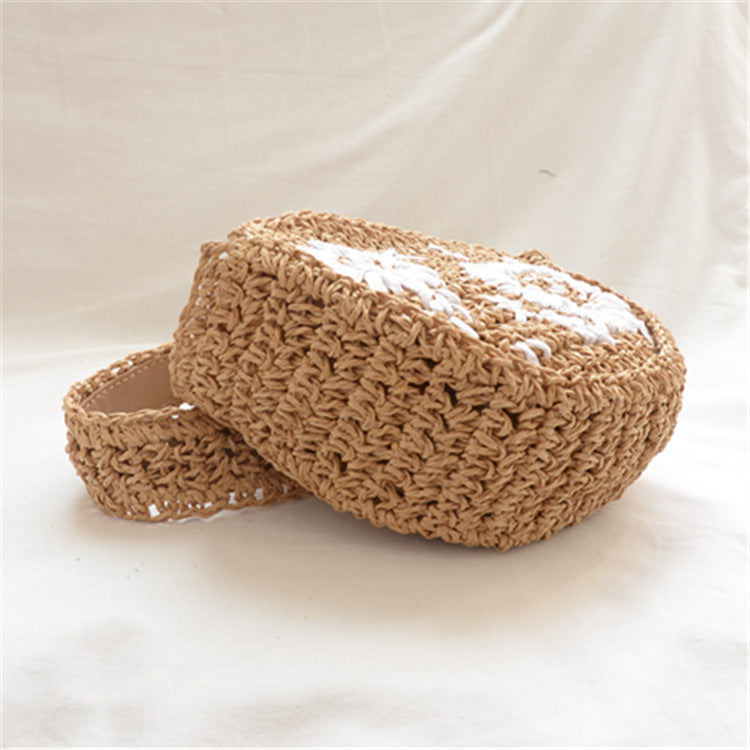 Floral stitched crochet straw bag